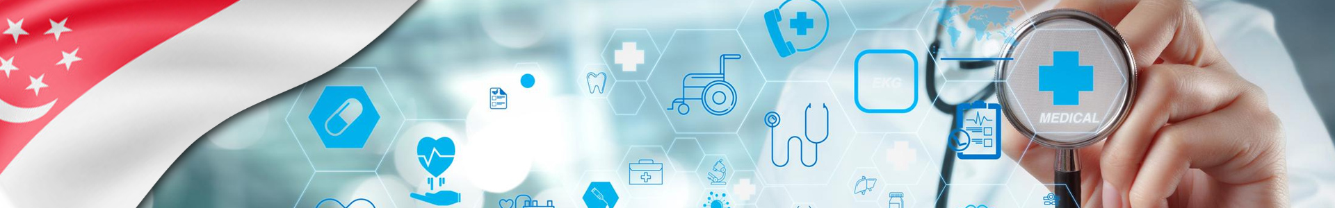 Bandera de Singapur con servicios de salud y tecnología médica para gestión sanitaria