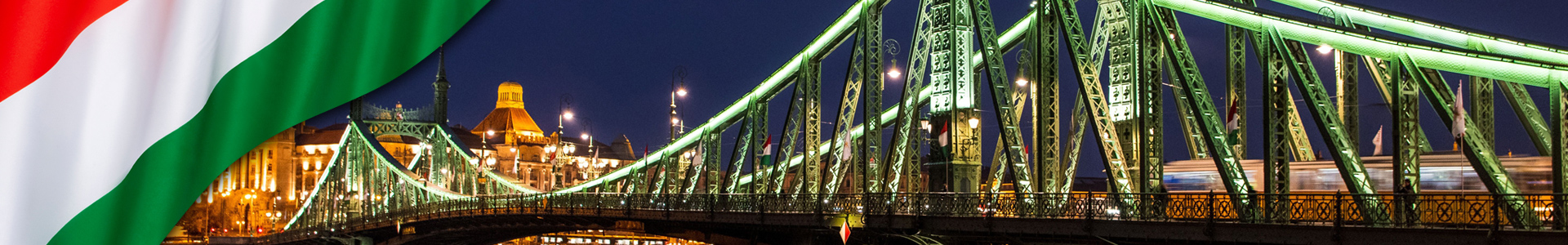 Banner Hungría con vista nocturna del Puente de la Libertad sobre el río Danubio en Budapest