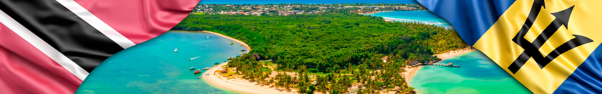 Banderas de Trinidad yTobago y Barbados con foto de vista panorámica aérea de la isla tropical