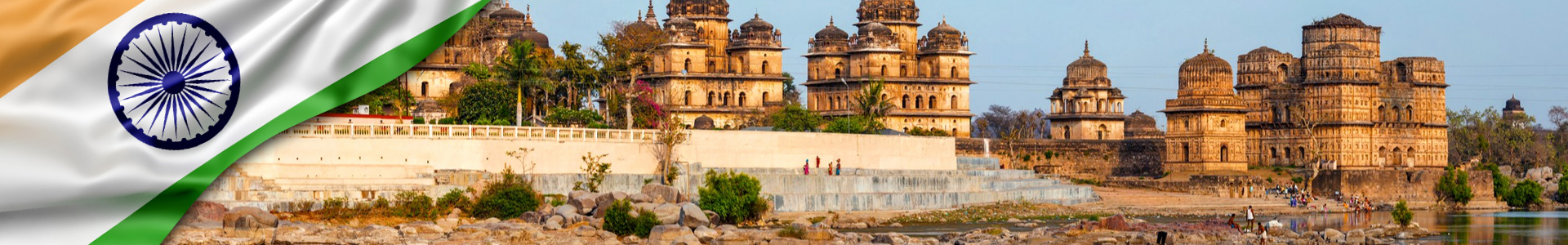 Banner: bandera ondeando de India con Cenotafios reales de orchha