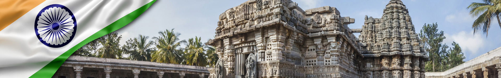 Banner: bandera ondeando de India con Templo Keshava en Somnathpur, Karnataka