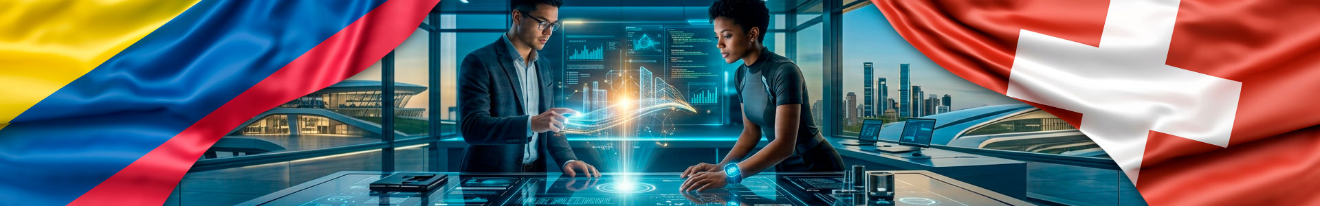 Banderas de Colombia y de Suiza con fotografía que simboliza la alianza de innovación y emprendimiento tecnológico, en el  centro, dos emprendedores jóvenes