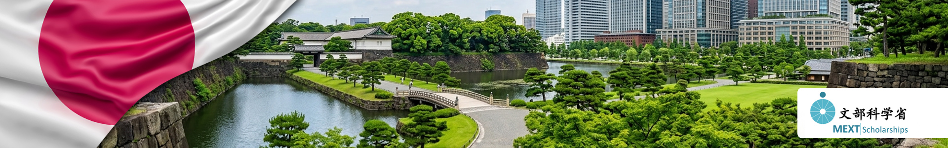 Bandera de Japón, jardines del Palacio Imperial de Tokio con rascacielos de Marunouchi al fondo bajo un cielo azul. Logo de Monbukagakusho.