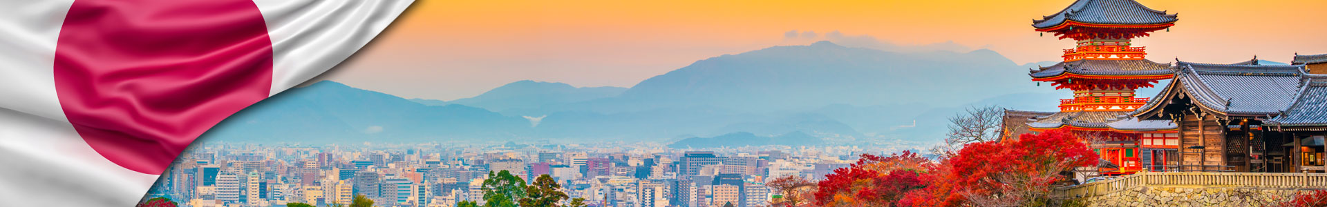 Bandera de Japón con Puesta de sol mágico sobre el templo Kiyomizu-dera, Kioto, Japón