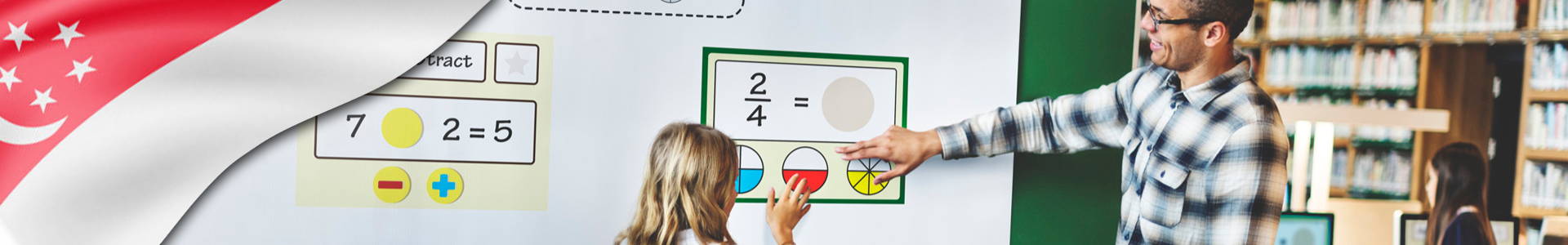 Bandera de Singapur con estudiantes de matemáticas en aula simbolizando liderazgo escolar
