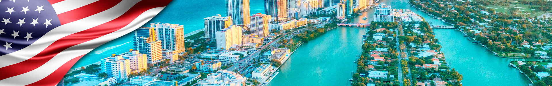 Bandera de Estados Unidos con una vista panoramica de Miami Beach