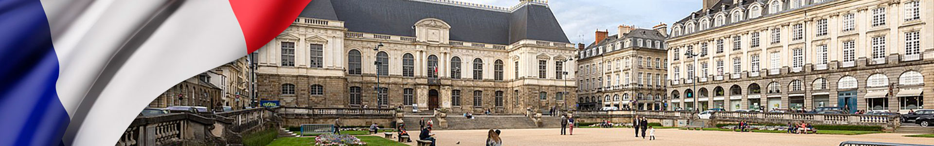 Bandera de Francia con foto de arquitectura de la ciudad de Rennes