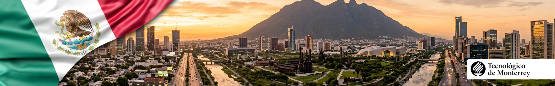 Banner Bandera de México y logo del Tecnológico de Monterrey sobre panorámica de Monterrey con el Cerro de la Silla al amanecer