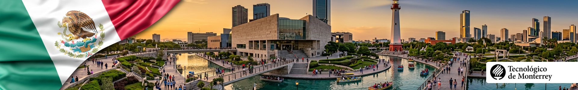 Bandera de México junto al Paseo Santa Lucía en Monterrey, Nuevo León, con canales de agua cristalina, puentes peatonales, jardines, esculturas, espacios culturales y el logo del Tecnológico de Monterrey