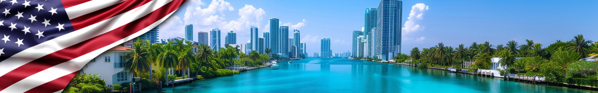 Banner: bandera de Estados Unidos ondeando sobre el paisaje de la bahía de Miami.