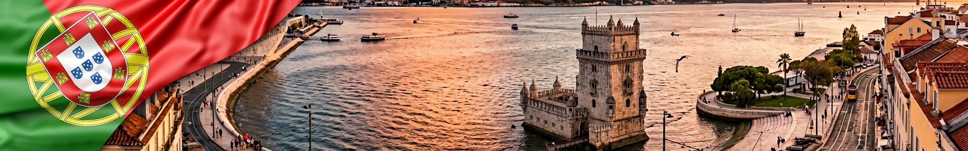 Bandera de Portugal con vista panorámica de Lisboa, Portugal, con la Torre de Belém junto al río Tajo al atardecer.