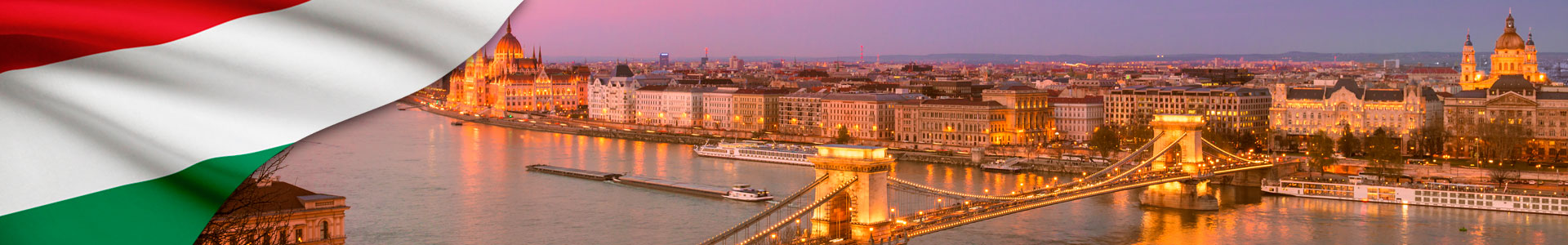 Bandera de Hungría con Panorama del centro de Budapest en la noche, foco en el Puente de las Cadenas