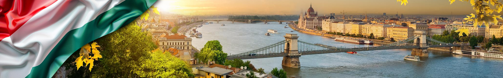 Bandera de Hungría con atardecer en Budapest en otoño