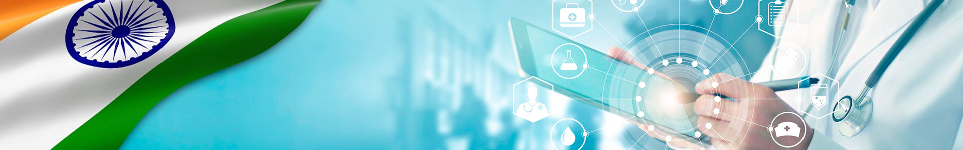 Bandera de India con médico y estetoscopio tocando icono de la conexión de red médica con la interfaz moderna en la tableta digital en el fondo del hospital.