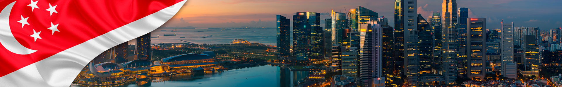 Bandera de Sinagpur con paisaje urbano de Singapur amanecer y edificio en la mañana