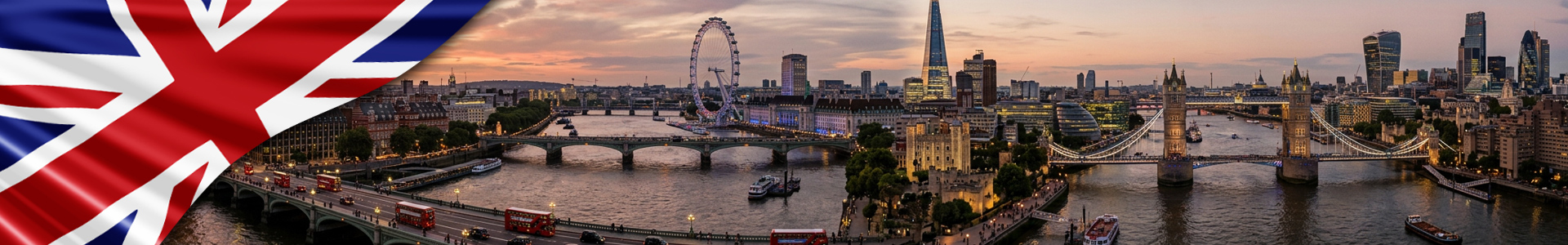 Bandera del Reino Unido y panorámica de Londres con el río Támesis, el London Eye, el Big Ben y el Tower Bridge.