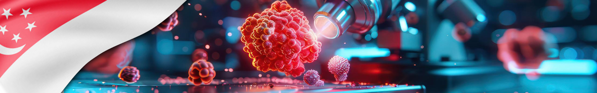 Bandera de Singapur con investigadores en laboratorio explorando innovaciones en análisis forense de drogas