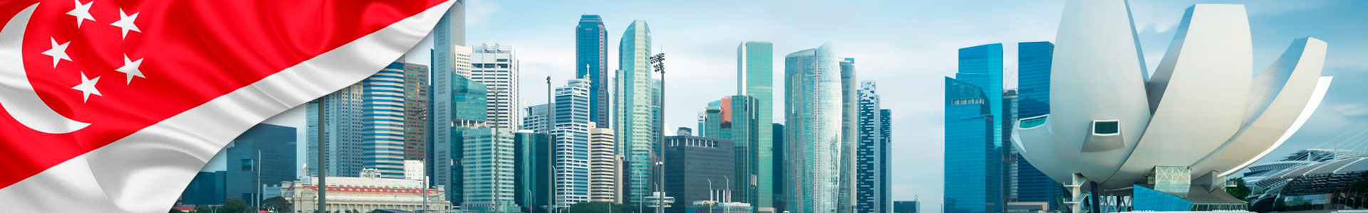 Bandera de Singapur con panorámica de Skyline de Singapur