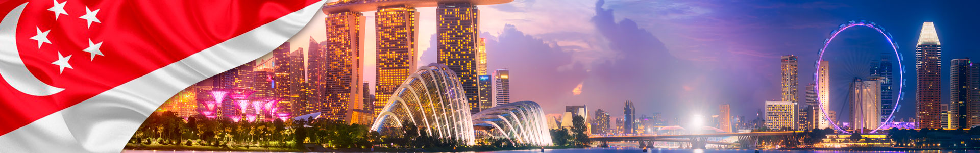 Bandera de Singapur con panorama del horizonte de Singapur en la bahía de negocios