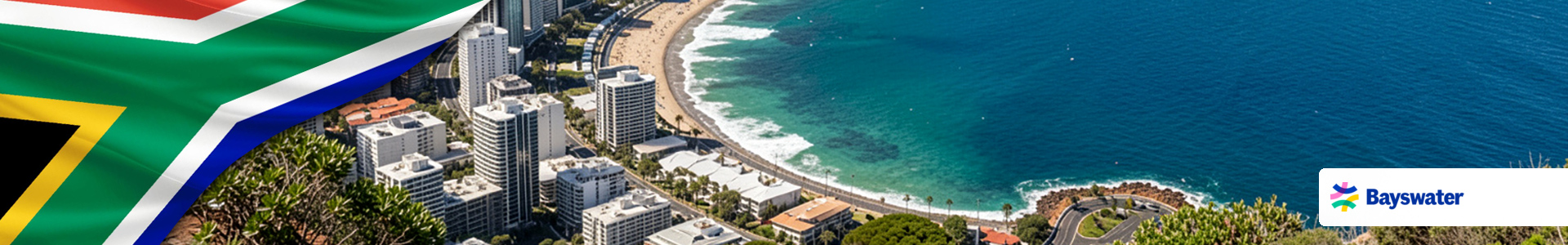 Bandera de Sudáfrica con imagen de playas de Ciudad del Cabo y logo de Bayswater College