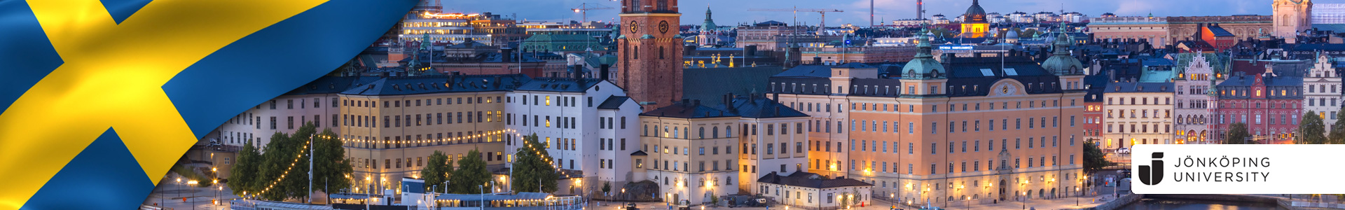 Bandera de Suecia con vista aérea panorámica escénica de Riddarholmen en el casco antiguo de Estocolmo en la noche Suecia