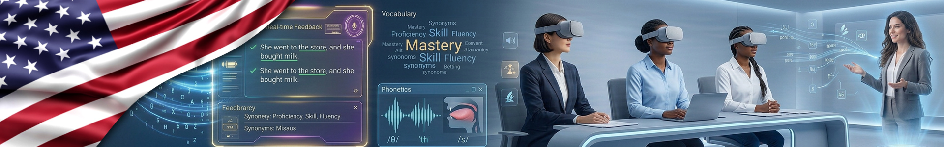 Bandera de Estados Unidos, junto con estudiante usando equipos futuristas para aprender inglés virtualmente