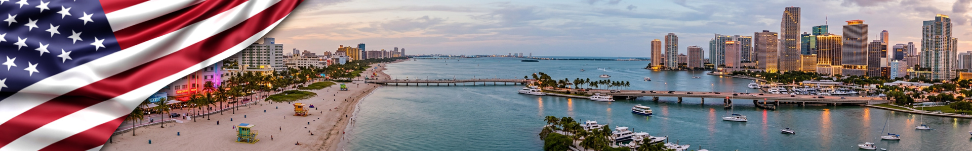 Bandera de Estados Unidos con panorámica de Miami