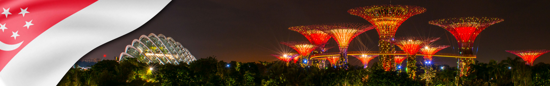 Bandera de Singapur con foto de los Jardines de la Bahía